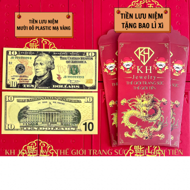 Tờ Tiền Lưu Niệm Mười Đô PlASTIC Mạ Vàng